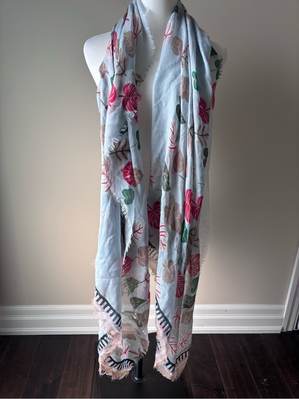 Light Blue Leaf Motif Fringe Scarf Wrap - Women's Lightweight Shawl - Picture 1 of 3